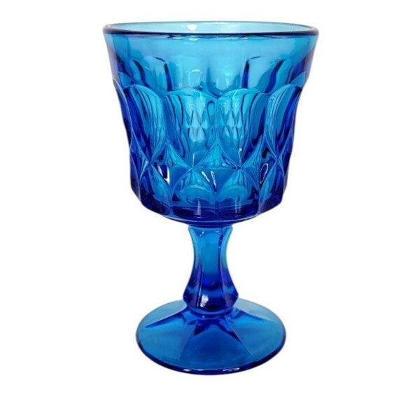 Vintage MCM Noritake Perspective Blue Glass Footed Wine Water Juice Four Goblets - Picture 7 of 11